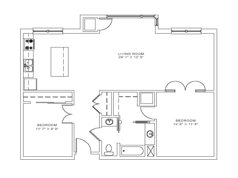 2 Bed 1 Bath Floorplan
